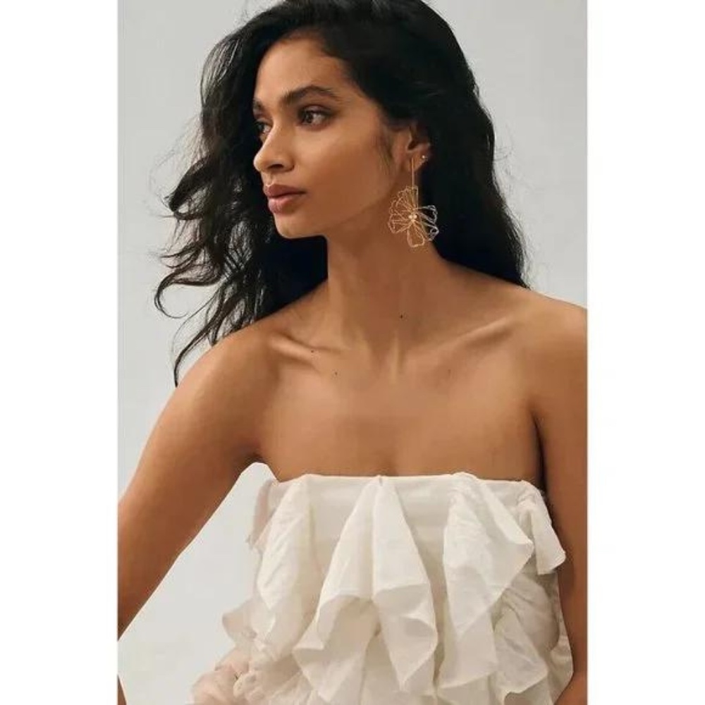 Anthropologie NWOT Strapless White Waterfall Ruffle Blouse